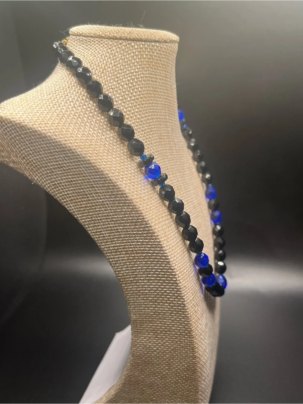 Vintage Cobalt Blue and Black Faceted Glass Bead Necklace Art Deco Style